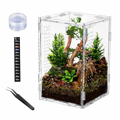 Acrylic Jumping Spider Enclosure, 4.72"×4.72"×7.88" Terrarium Habitat for Spiderling, Mantis, Tarantula, Snail & Small Reptiles, Includes Tweezer & Temperature Sticker