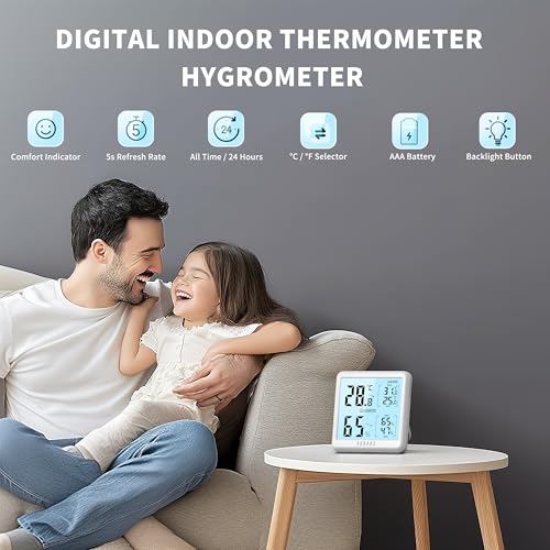 DOQAUS Digital Hygrometer Indoor Thermometer for House, Room Thermometer with 3s Fast Refresh & Max Min Records, Temperature Monitor Humidity Meter with Backlight, White