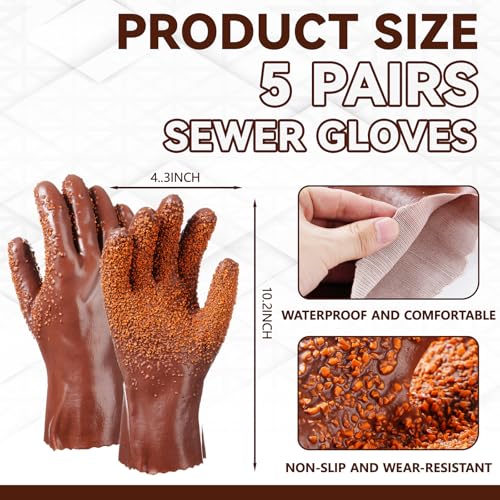 5 Pairs Sewer Snake Glove PVC Non Slip Sewer Gloves Drain Cleaning Glove Plumbing Tools for Professional Plumber - color: Brown