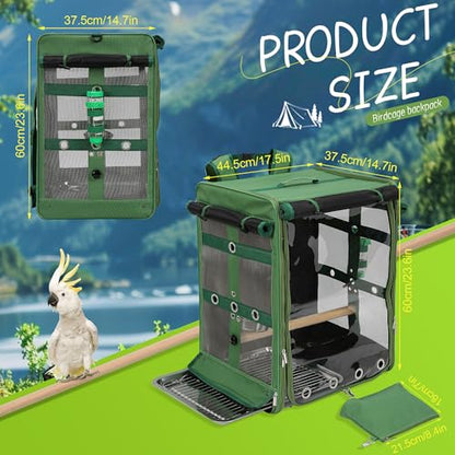 Bird Carrier Travel Cage, Cockatoo Carrier, Parrot Travel Backpack with Unbreakable Stainless Steel Mesh, Perch, Water Bottle and Food Bowl, X-Large Green - color: Green, size: 17.5"L x 14.8"W x 23.6"H