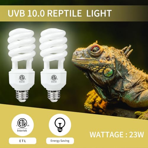 LUCKY HERP 2 Pack UVA UVB Reptile Light, 23W 10.0 UVB Bulb for Desert Reptiles, Compact Fluorescent Terrarium Lamp, Reptile UVB Bulb for Bearded Dragon, Lizard, Tortoise - size: 23&10.0