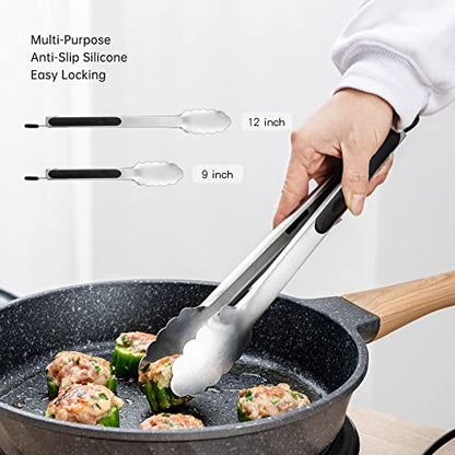 9 & 12 Inch Kitchen Tongs, Stainless Steel Metal Tongs Cooking Tongs, for Cooking Barbecue, BBQ Grilling, Buffet Serving (9"+12") | For Cooking/Serving/Grilling | Heat-Resistant | Dishwasher Safe - size: 9"+12"