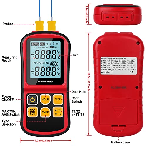 Leaton Digital Thermometer Dual Channel Thermometer Temperature Thermometer with Two K-Type Thermocouple Probe Backlight LCD K Type Thermometer for K/J/T/E/R/S/N Thermocouple