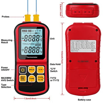 Leaton Digital Thermometer Dual Channel Thermometer Temperature Thermometer with Two K-Type Thermocouple Probe Backlight LCD K Type Thermometer for K/J/T/E/R/S/N Thermocouple