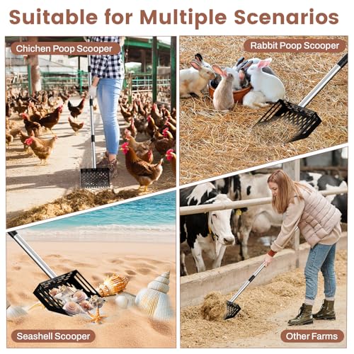 2-in-1 Chicken Poop Scooper & Rake with Grip, Adjustable Handle 24" to 66" | 10" Wide Metal Sand Sifting Shovel, Chicken Pooper Scooper for Poop Shavings, Litter Scooper for Chicken Coop Accessories