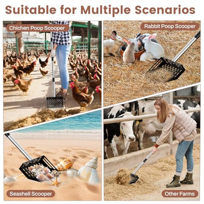 2-in-1 Chicken Poop Scooper & Rake with Grip, Adjustable Handle 24" to 66" | 10" Wide Metal Sand Sifting Shovel, Chicken Pooper Scooper for Poop Shavings, Litter Scooper for Chicken Coop Accessories