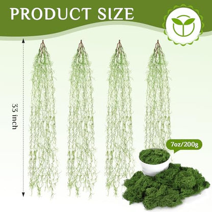 4 Pcs 33 Inch Fake Spanish Moss with 7 oz Artificial Green Moss for Potted Plants Indoor Hanging Garland Greenery Faux Vines Plants Faux Seaweed Greenery for Crafts DIY Garden Home Decor