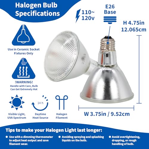 Pangea 50W Halogen Heat Lamp (4 Pack) for Reptiles - Warming UVA and Infrared Light for Turtles, Tortoises, Bearded Dragons - Heating Bulb Accessories, Designed for Ceramic Sockets (50 Watt)