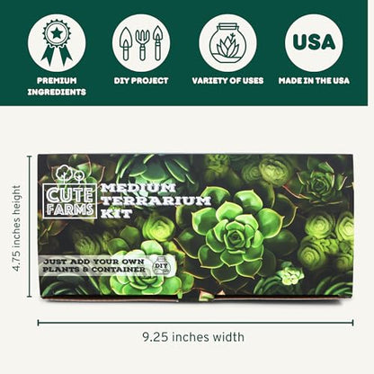 Cute Farms Terrarium Starter Kit | Moss, Vermiculite, Soil, Pebbles, Plant Food, Finishing Tools, Build and Care Guide | DIY Succulent Terrarium for Adults and Kids (Medium) - size: Medium Kit
