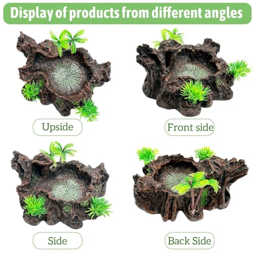 PINVNBY Reptile Water Dish, Snake Water Bowl, Resin Turtle Basking Platform with Artificial Plants, Crested Gecko Tank Accessories for Bearded Dragon, Hermit Crab, Snake (Smooth)
