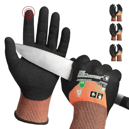 Schwer ANSI A6 Cut Resistant Gloves, CR3709 Cut Proof Work Gloves, Touch-screen Cutting Gloves, 3/4 Dipped Coating for Woodworking, Glass Metal Cutting, Construction, Fishing, L,3 pairs - size: Large, style: 3 Pairs