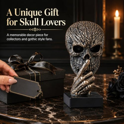 Black and Gold Speak No Evil Skull Sculpture – Gothic Halloween Figurine for Shelf or Desk, Resin Bronze Skeleton Statue for Goth Weird Home Decor, Dark Academia Office Spooky Accent