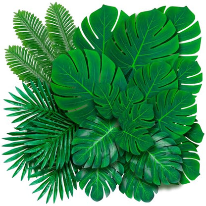 Decopom Artificial Palm Leaves 60-108 Pack - 6 Kinds Large Small Green Fake Palm Leaf with Stems for Safari Jungle Hawaiian Luau Party Table Decoration Wedding Birthday - style: 60 Pack