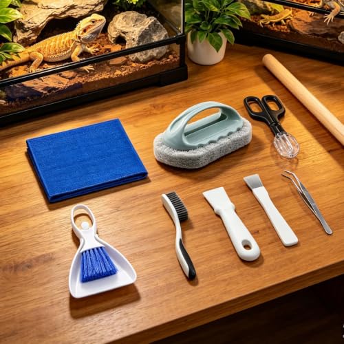Reptile Tank Cleaner Kit, 7PCS Terrarium Cleaning Set With Dustpan, Brush And Feeding Tongs, Bearded Dragon Cage Cleaning Supplies For Lizard, Gecko, Snake, Turtle, Frog Enclosures And Daily Maintenan