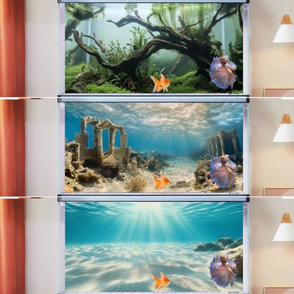 COMSUN 3 Pack Aquarium Background, 30x18 inches Polyester Aquarium Background, Cloth Fish Tank Background, Undersea Ruins Floor Sunshines & Tree Wood Branches Aquatic Plants - size: 30x18 Inch
