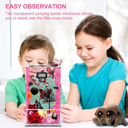 Jumping Spider Enclosure,DIY Insects Habitat,Small Reptile Terrarium Glass House Accessories Set,with Temperature and Humidity Detector Water Feeder Platform Hide,5.5“x5.5”x9.5“ (Pink) - color: Pink