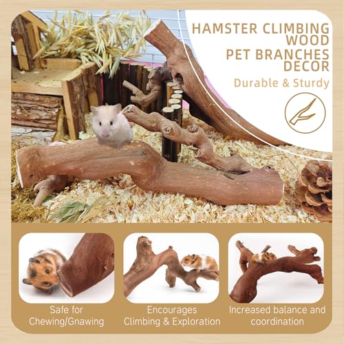 kathson 2Pcs Wood Hamster Climbing Branches Decor, Natural Wooden Syrian Hamster Climb Chewing Toys, Rat Exercise Toys, Small Animal Habitat Decor Accessories for Dwarf Pets, Mice, Gerbils