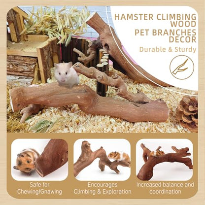 kathson 2Pcs Wood Hamster Climbing Branches Decor, Natural Wooden Syrian Hamster Climb Chewing Toys, Rat Exercise Toys, Small Animal Habitat Decor Accessories for Dwarf Pets, Mice, Gerbils