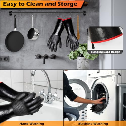 BBQ Gloves - 1472°F Thicken Heat Resistant Gloves w/S-Hook 14 in Kitchen Oven Mitts Waterproof Grill Gloves Oil Resistant Grilling Gloves Cooking Gloves for Turkey Fryer/Baking/Oven/Smoker