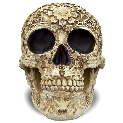 READAEER Life Size Skull Resin Floral Human Skull Model Adult Head Bone Model Day of The Dead Décor - style: Floral