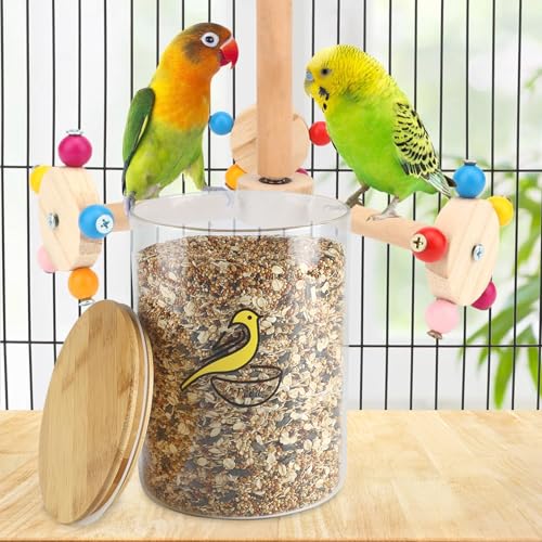 108 oz Bird Seed Storage Container,Circle Glass Bird Food Container with Airtight Wood Lid,Pet Food Storing with Birds Seed Scoop,for Wild Small Birds Food Storage,Birdfeed,Nuts(Clear)