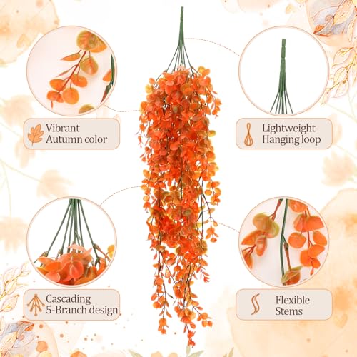 6 Pack Artificial Hanging Plants 21.65 Inch Fake Hanging Eucalyptus Plants Faux UV Resistant Plastic Vine Greenery for Indoor Outdoor Bedroom Living Room Wall Patio Porch Shelf Decor (Orange)