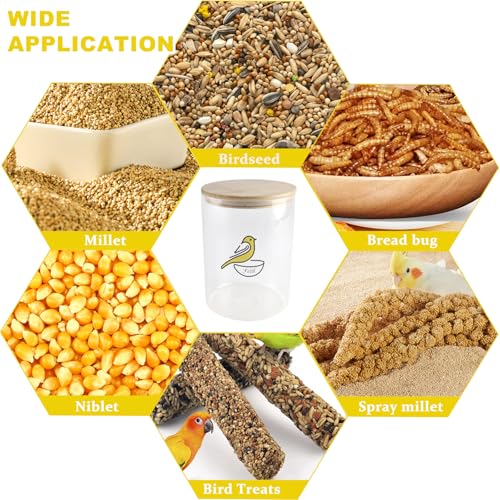 108 oz Bird Seed Storage Container,Circle Glass Bird Food Container with Airtight Wood Lid,Pet Food Storing with Birds Seed Scoop,for Wild Small Birds Food Storage,Birdfeed,Nuts(Clear)