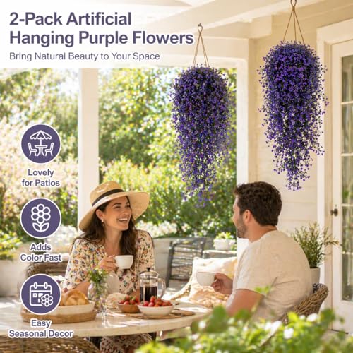 RAINFLOW 2PCS Artificial Hanging Plants Indoor - Vivid Fake Vines with Mini Purple Flowers, Fake Hanging Flowers Ivy Vine for Shelf Wall Living Room Home Garden Patio Balcony Yard Outdoor Decor