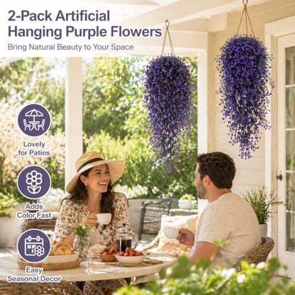 RAINFLOW 2PCS Artificial Hanging Plants Indoor - Vivid Fake Vines with Mini Purple Flowers, Fake Hanging Flowers Ivy Vine for Shelf Wall Living Room Home Garden Patio Balcony Yard Outdoor Decor