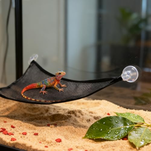Bearded Dragon Hammock, 2 Sets Breathable Reptile Mesh Hammock with Suction Cups, Reptile Accessories Hideout for Iguanas, Lizards, Geckos, Snakes, Chameleons (Black)