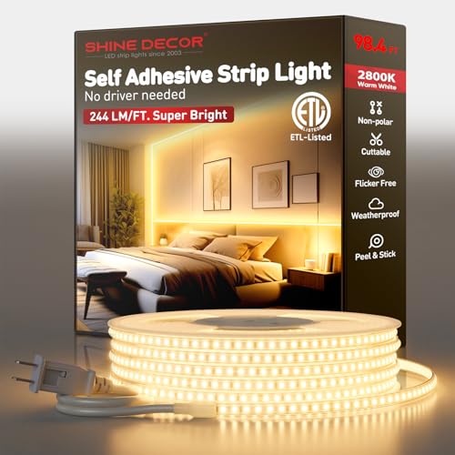 Shine Decor LED Strip Light Super Bright 24000LM, Plug&Play 120V Driverless Easy Wiring, Flicker Free Weatherproof for Outdoor Indoor, Min. 3.9” Cuttable Stickable, 2800K Warm White 98FT ETL Listed - color: Warm White, size: 98.4 Ft
