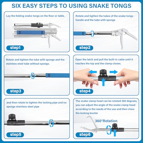 Snake Grabber Tool, 69" Snake Tongs Grabber for Rattlesnake Heavy Duty Professional Folding Snake Feeding Tongs Wide Jaw Snake Handling Tool Long Hndle Stainless Steel Tube Sponge Handle - color: BLUE