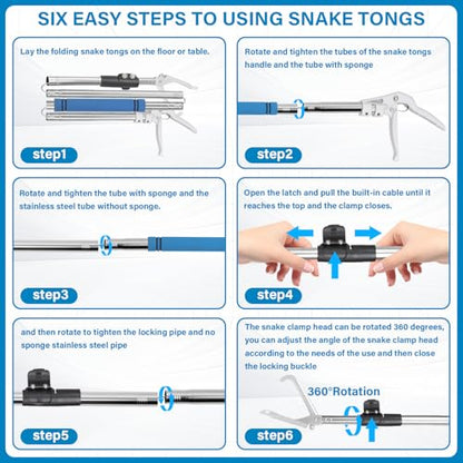 Snake Grabber Tool, 69" Snake Tongs Grabber for Rattlesnake Heavy Duty Professional Folding Snake Feeding Tongs Wide Jaw Snake Handling Tool Long Hndle Stainless Steel Tube Sponge Handle - color: BLUE