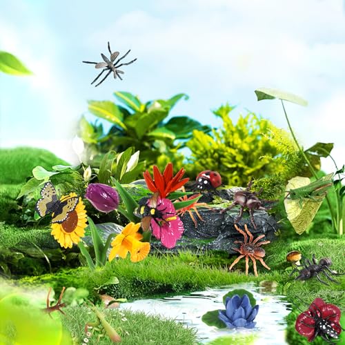 20Pcs Insect Toy Fake Plastic Bugs Figures for Kids - Flower Ladybug Bee Butterfly Ant Cricket Mantis Scorpion Spider School Project Birthday Cake Topper Party Favors April Fool's Day Prank Gifts - style: Insect