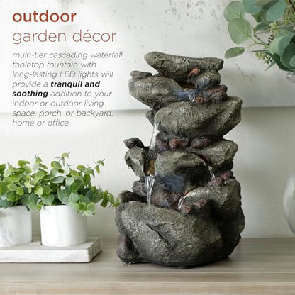 Alpine Corporation TZL154 14" Indoor Tabletop Rainforest Rock Water Fountain with LED Lights, Tiered Desktop Fountain for Home and Office Décor, Gray - style: Rock Water w/ LED's