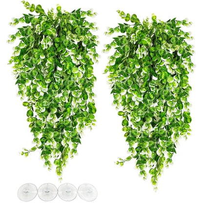Hamiledyi Hanging Fake Plants for Reptiles, 2 Pack Fake Reptile Plants for Reptiles Tank with Suction Cup, Reptile Plants Jungle Hanging Vines for Bearded Dragon Tank (Green and White) - size: 2 PCS