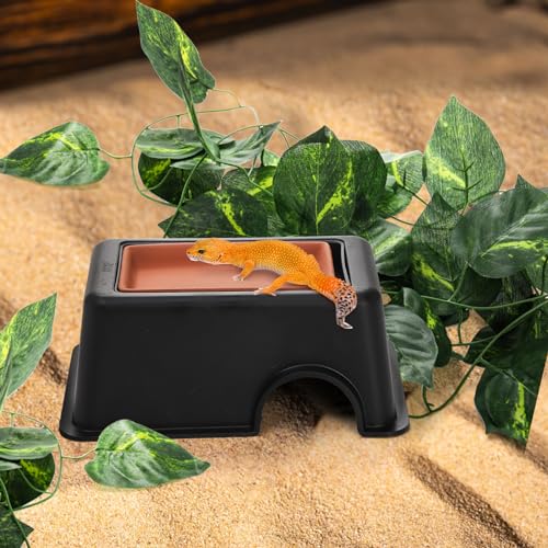 2 Pack Reptile Hide Box, Small Animal Hideout Plastic Hide Cave with Sink Humidifier, Pet Habitat Decor Hideaway Hut with Flexible Leaves for Lizard Gecko Snake Leopard Spider Turtle Amphibian