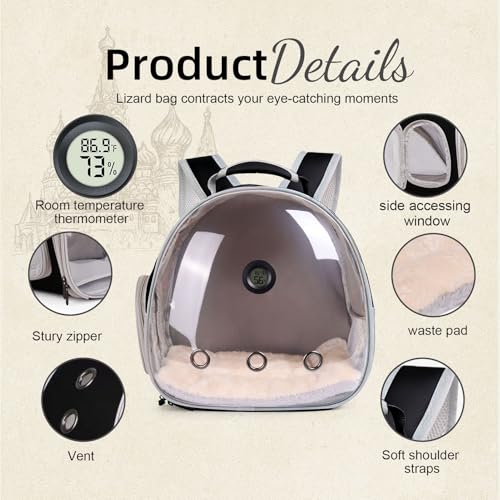 Bearded Dragon Travel Backpack Carrier with Reptile Thermometer and Humidity Gauge Lizard Travel Cage Space Capsule Clear Bubble Window Astronaut Reptile Bag for Ball Python (Black, Backpack+PG LSH) - color: Black, size: Backpack+PG LSH