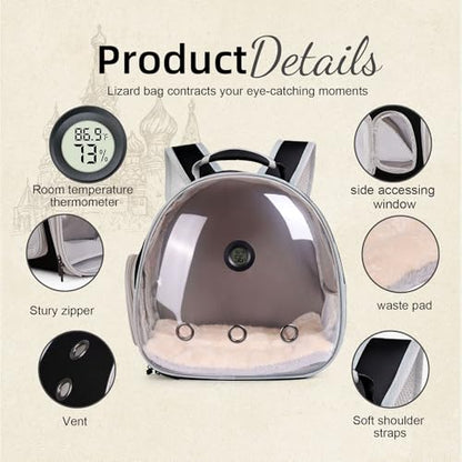 Bearded Dragon Travel Backpack Carrier with Reptile Thermometer and Humidity Gauge Lizard Travel Cage Space Capsule Clear Bubble Window Astronaut Reptile Bag for Ball Python (Black, Backpack+I LSH) - color: Black, size: Backpack+I LSH