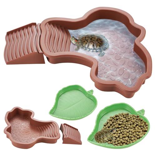 3PCS Tortoise Bathing Pool with Ramp, Reddish | Tortoise Water Dish, Leaf Reptile Food Dish, Basking Platform Reptile Water Pool for Turtle Lizard Gecko Frog Amphibians - color: Reddish Brown