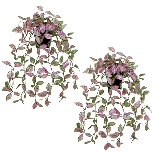 2 Pack Fake Hanging Plants for Shelf in Back Pot, Small Artificial Hanging Ivy Vine Plants Indoor Fake Potted Greenery Plant for Room Bathroom Kitchen Wall End Table Mimi Faux Nerve Plant Set Decor - color: # Nerve Plant Green