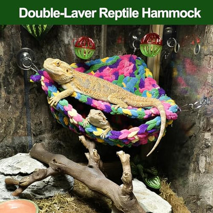Bearded Dragon Hammock Lounger with Suction Cups Bells,Double-Layer Reptile Hammock, Soft Hanging Lizard Bed Climbing Toys Swing Tank Accessories for Lizard Gecko Chameleon Snake (Red)