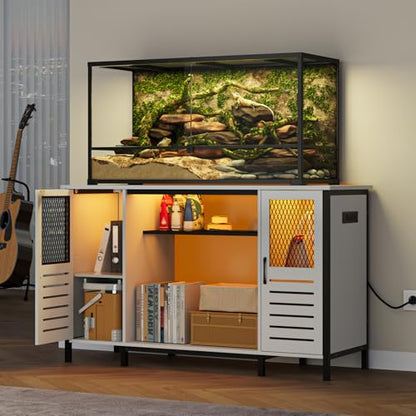 EAG 55-75 Gallon Fish Tank Stand with Power Outlets & LED Light, Heavy Duty Aquarium Stand with Adjustable Shelves, Turtle Reptile Terrarium Tank Stand with Cabinet, 1250LBS Capacity, White