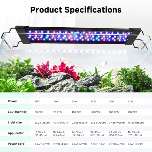 AQQA LED Aquarium Light, 24/7 Mode IP68 Waterproof Extendable Bracket Fish Tank Light, DIY Mode Full Spectrum Aquarium Plant Light, Adjustable Timer/Brightness Memory Function for 48-55 Inch Fish Tank - size: For 48-55 inch fish tank
