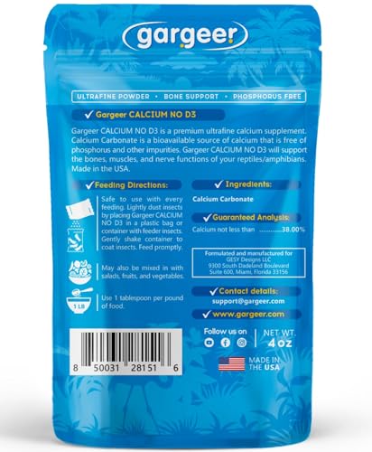Gargeer 4oz All Reptile Calcium Powder, Phosphorus-Free Ultrafine Powder, Pure Dust Without Vitamin D3, Ready to Use for All Reptiles, Lizards & Amphibians Supplement. Made in the USA. Enjoy !