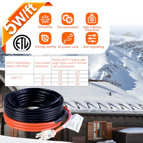 HEATIT Sewage Pipe Heating Cable for Buried Pipes, Wastewater Systems, Sump Pumps, Roof De-Icing, 120V Self-Regulating, Fluoropolymer Corrosion-Proof, Freeze Protection,JHSF1-CT,150FT - size: 150 feet