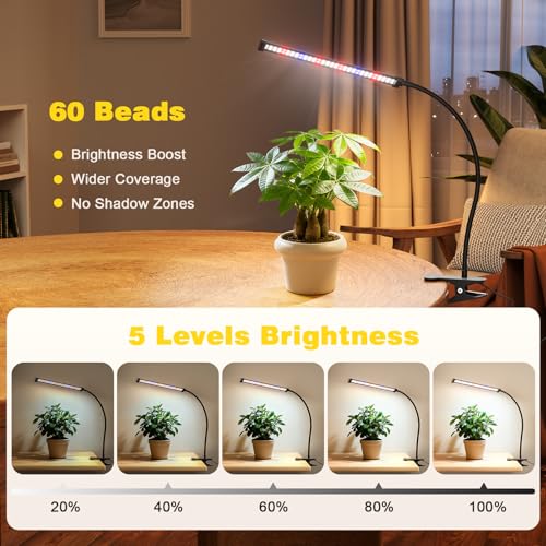 LED Grow Light, 5700K Full Spectrum Clip Plant Growing Lamp with Red Blue White LEDs for Indoor Plants, 5-Levels Dimmable, Auto On Off Timing 4/8/12/18Hrs(Single Head) - size: Clip-1Head