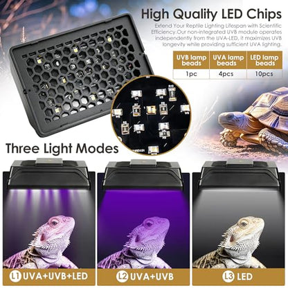 Adjustable UVB Reptile Light, UVB 1.0-10.0 Dimmable LED, Inside-Tank Suction Cup Mount, Auto Timer 4/8/12H, 100-240V, for Lizards Turtles Snakes Bearded Dragons Amphibians