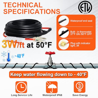 Intelligent Pipe Heat Cable for Pipe Freeze Protection, Self-Regulating Heating Cable for Metal and Plastic Home Pipes, Energy-Saving Water Pipe Heat Cable, 35Ft, 120V - style: 35-feet