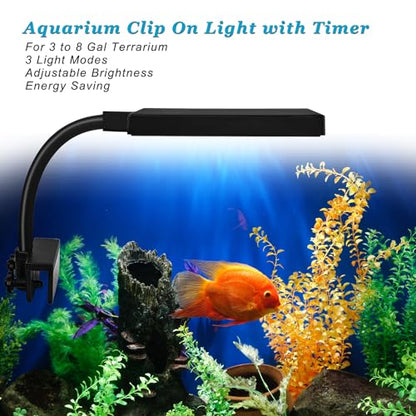 DOMICA Clip On Aquarium Light with Timer for 3 to 8 Gal Fish Tank (Dimmable Full Spectrum LED) USB Moving Lamp for Open Terrarium (Adapter NOT Included), Black, DM-USBLIGHT+T02